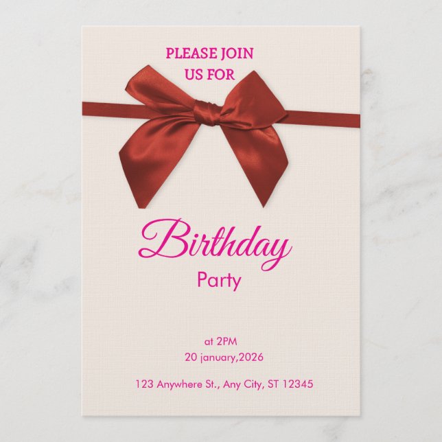 Convites Elegant Red Bow Birthday Invitation  (Frente)