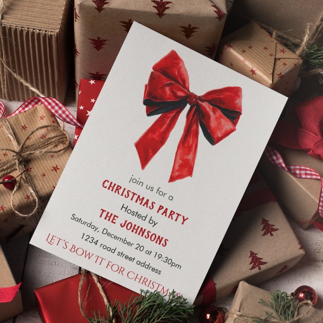Convites Elegant Red Bow Christmas Party Invitation (Criador carregado)