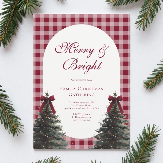 Convites Elegant Red Bow Gingham Family Christmas Party (Elegant Red Bow Gingham Family Christmas Party Invitation)