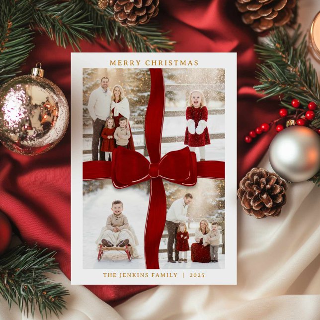 Convites Elegant Red Bow Photo Christmas Card (Red Bow Christmas Photo Collage Card)