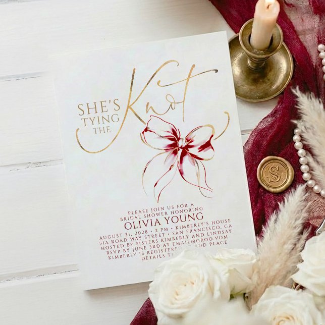 Convites Elegant Red Bow She's Tying The Knot Bridal Shower (Red Bow Bridal Shower Invitation)