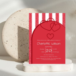 Convites Elegant Red Chalk Stripe Triple Hearts Baby Shower
