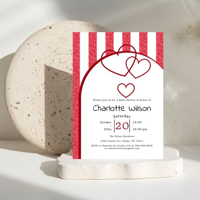 Convites Elegant Red Chalk Stripe Triple Hearts Baby Shower (Criador carregado)