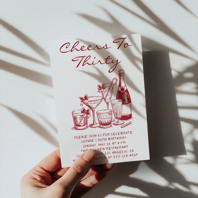 Convites Elegant Red Cheers to Thirty Cocktail Birthday (Criador carregado)
