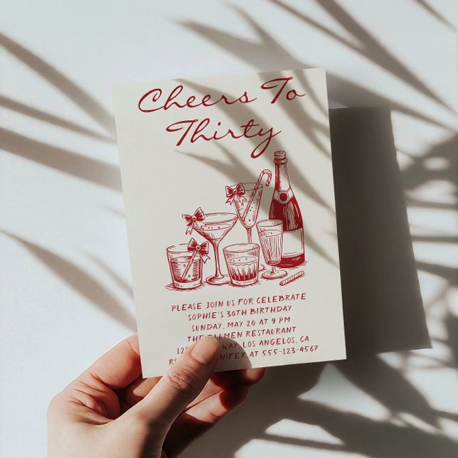 Convites Elegant Red Cheers to Thirty Cocktail Birthday (Criador carregado)