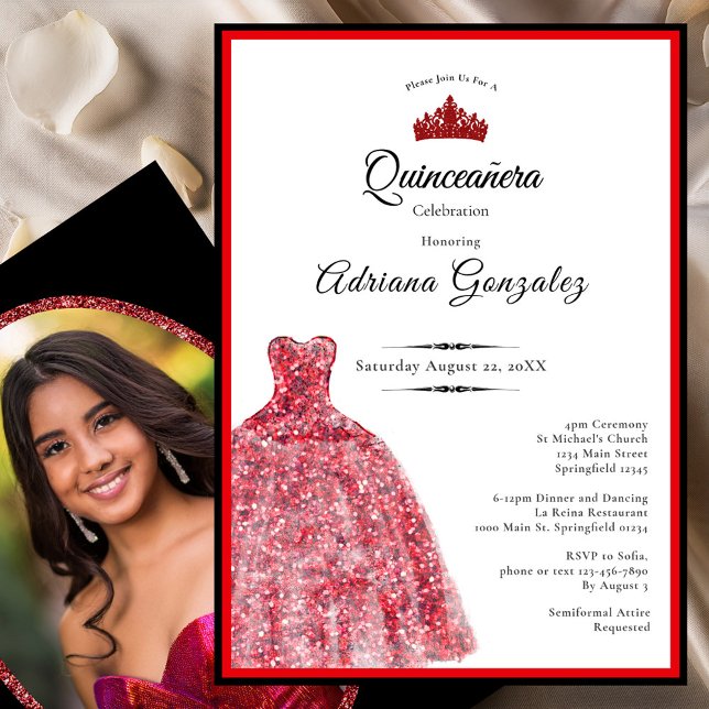 Convites Elegant red dress 15th birthday Quinceanera (Criador carregado)