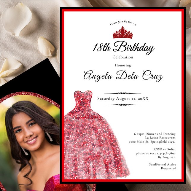 Convites Elegant red dress 18th birthday debut (Criador carregado)