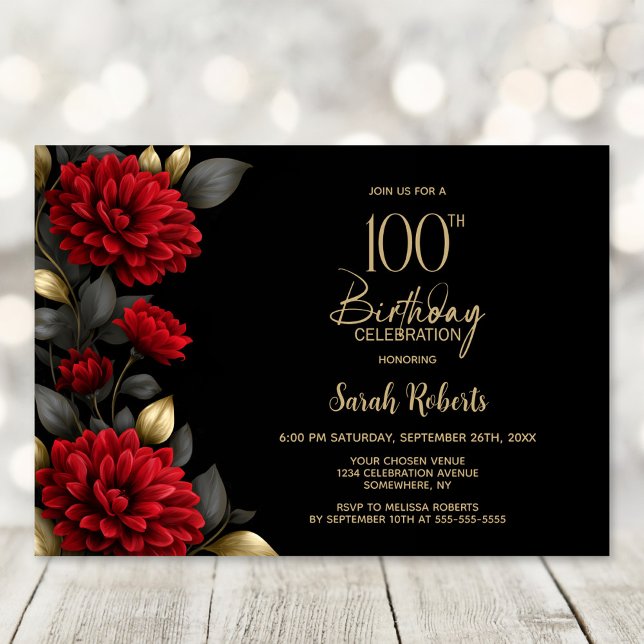 Convites Elegant Red Floral Black 100th Birthday Party (Criador carregado)