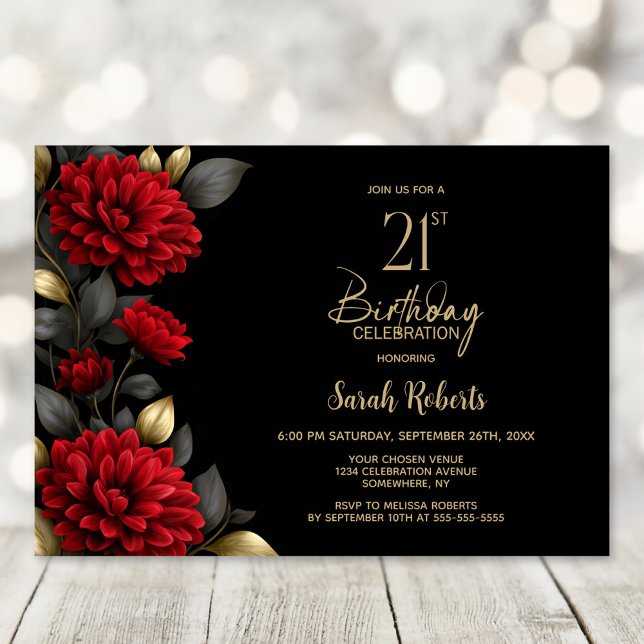 Convites Elegant Red Floral Black 21st Birthday Party (Criador carregado)