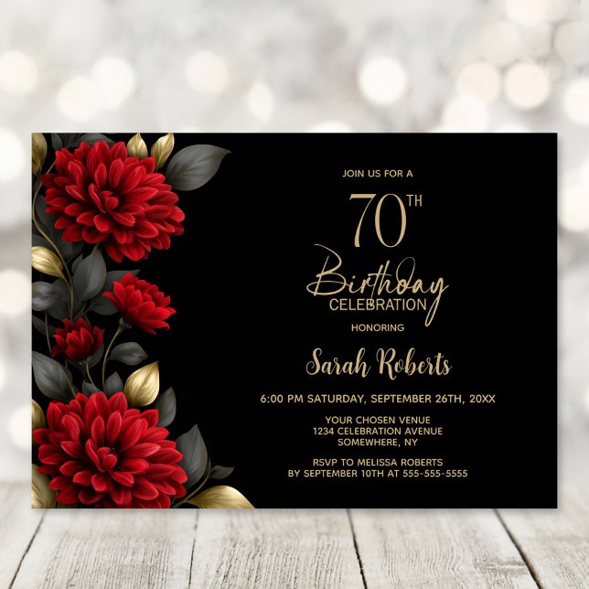 Convites Elegant Red Floral Black 70th Birthday Party (Criador carregado)