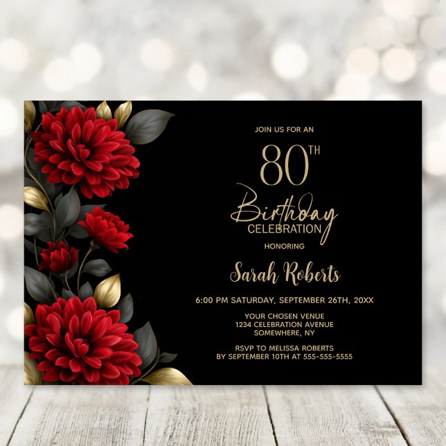 Convites Elegant Red Floral Black 80th Birthday Party (Criador carregado)