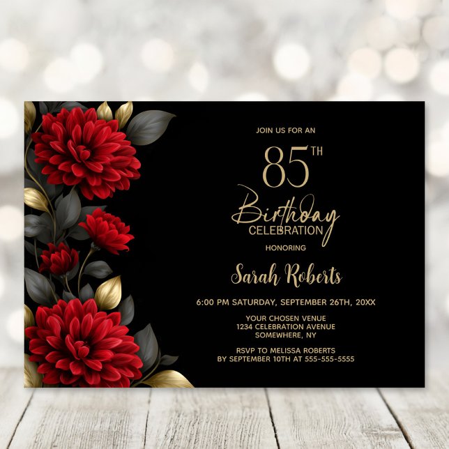 Convites Elegant Red Floral Black 85th Birthday Party (Criador carregado)