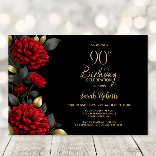 Convites Elegant Red Floral Black 90th Birthday Party (Criador carregado)