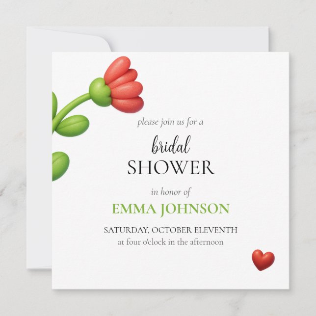 Convites Elegant Red Flower & Heart Bridal Shower (Frente)