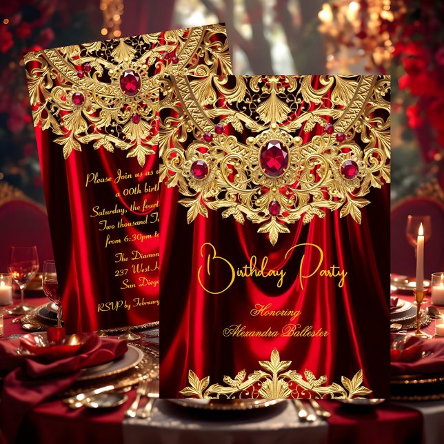 Convites Elegant Red Gems Gold Lace Damask Birthday Party (Criador carregado)