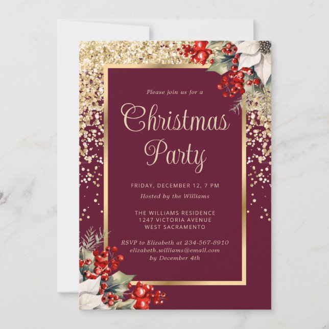 Convites Elegant Red Gold Botanical Christmas Party (Frente)