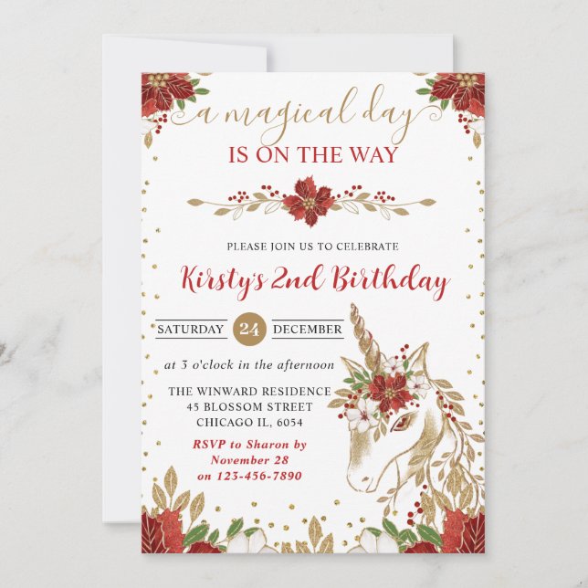 Convites Elegant Red & Gold Floral Unicorn Birthday Party (Frente)