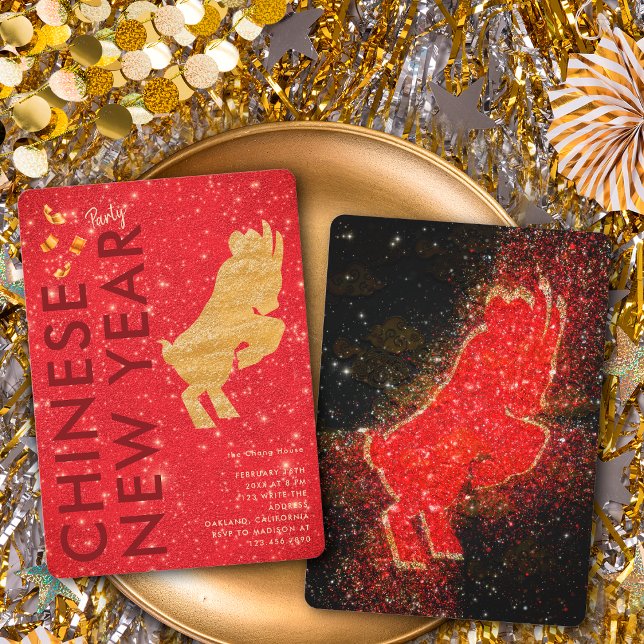 Convites Elegant Red Gold Glitter Goat Lunar New Year Party (Criador carregado)