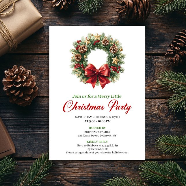 Convites Elegant Red Gold Pine Wreath Christmas Party (Elegant Red Gold Pine Wreath Christmas Party Invitation)