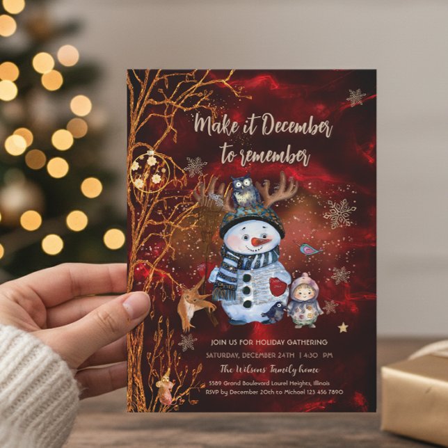 Convites Elegant Red Gold Snowman & Characters Christmas (Elegant Red Gold Snowman & Characters Christmas Invitation)