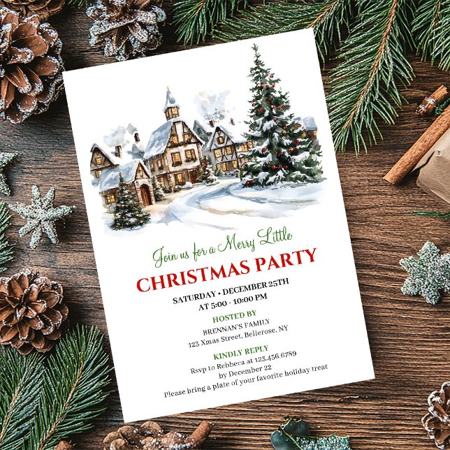Convites Elegant red green festive city Christmas party   (Elegant red green festive city Christmas party invite)