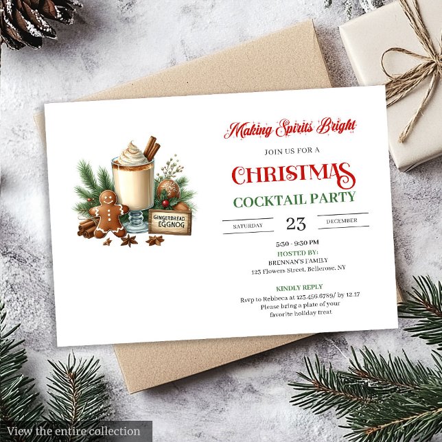 Convites Elegant Red Green Holiday Cocktails Party Invite (Elegant Red Green Holiday Cocktails Invitation)