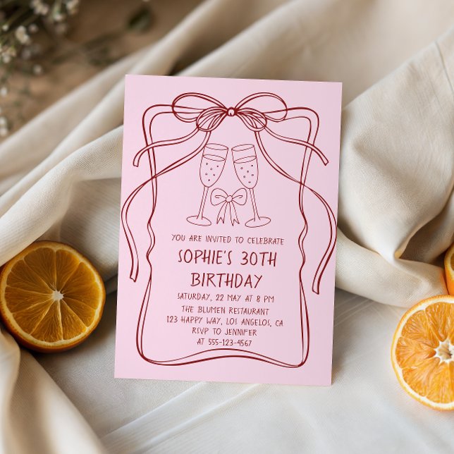 Convites Elegant Red Line Art Bow & Champagne 30th Birthday (Criador carregado)