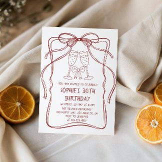 Convites Elegant Red Line Art Bow & Champagne 30th Birthday