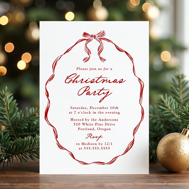 Convites Elegant Red Ribbon Frame Christmas Party (Criador carregado)