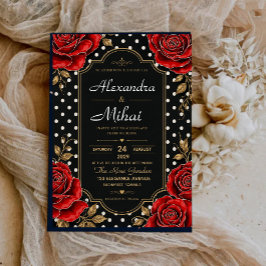 Convites Elegant Red Rose Black and Gold Floral Polka Dot