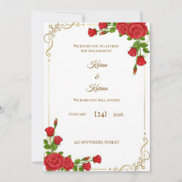 Convites Elegant Red Rose Engagement Invitation with Gold C