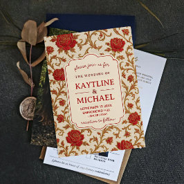 Convites Elegant Red Rose Floral Vintage Gold Scrollwork