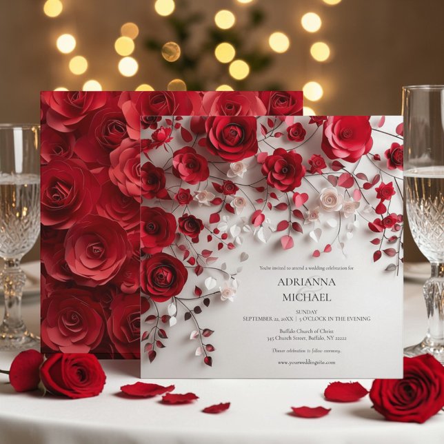 Convites Elegant Red Rose Floral Wedding Invitation (Criador carregado)