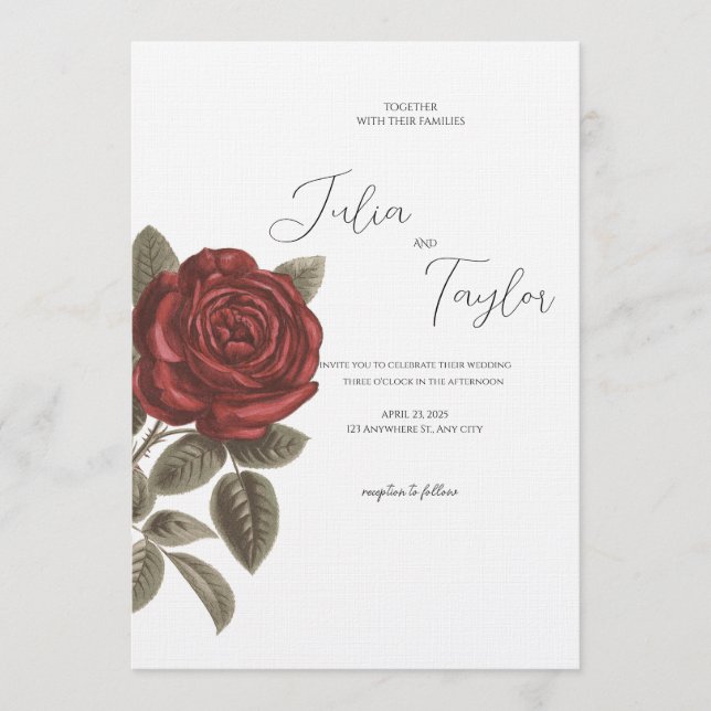 Convites Elegant Red Rose Wedding Invitation (Frente)