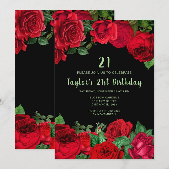 Convites Elegant Red Roses Flowers Birthday Party (Frente/Verso)