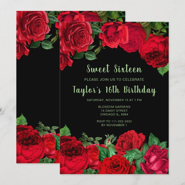 Convites Elegant Red Roses Flowers Sweet Sixteen (Frente/Verso)