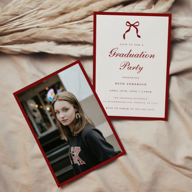 Convites Elegant Red Script Coquette Graduation Party Photo (Criador carregado)