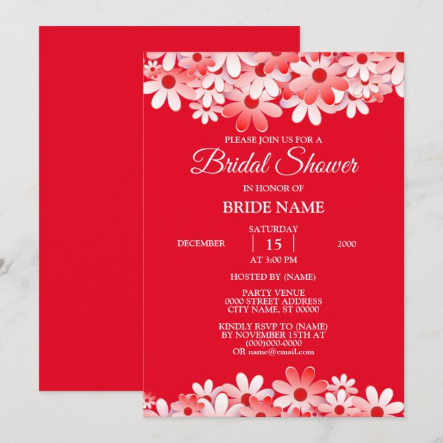 Convites Elegant Red White Floral Bridal Shower Party (Frente/Verso)