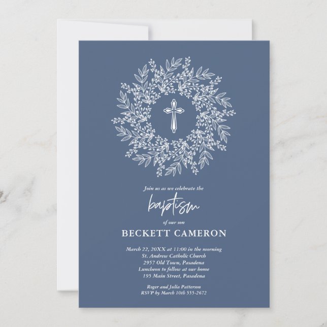Convites Elegant Religious Blue Cross Baptism (Frente)