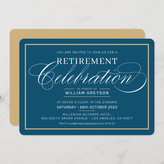 Convites ELEGANT RETIREMENT DINNER modern dark blue gold (Frente/Verso)