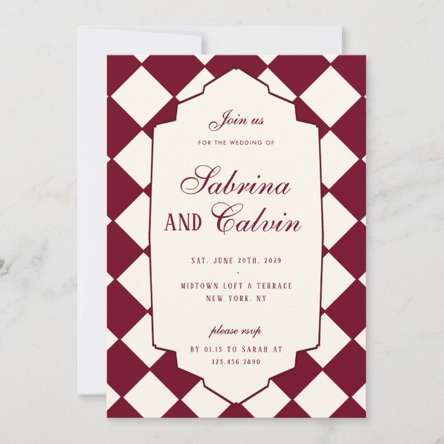 Convites Elegant Retro Checkered Burgundy Wedding (Frente)