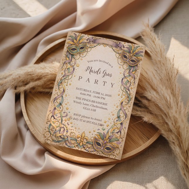 Convites Elegant Ribbon Mask Mardi Gras Masquerade (Criador carregado)