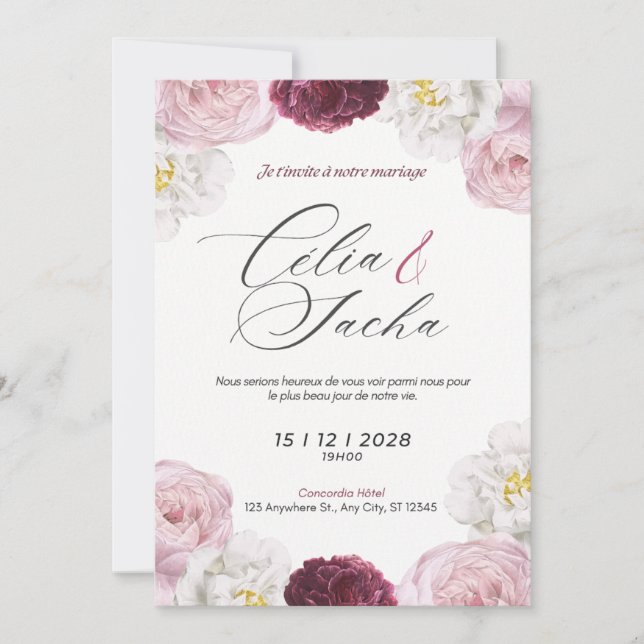 Convites Elegant Romantic Floral Wedding Invitation Card (Frente)