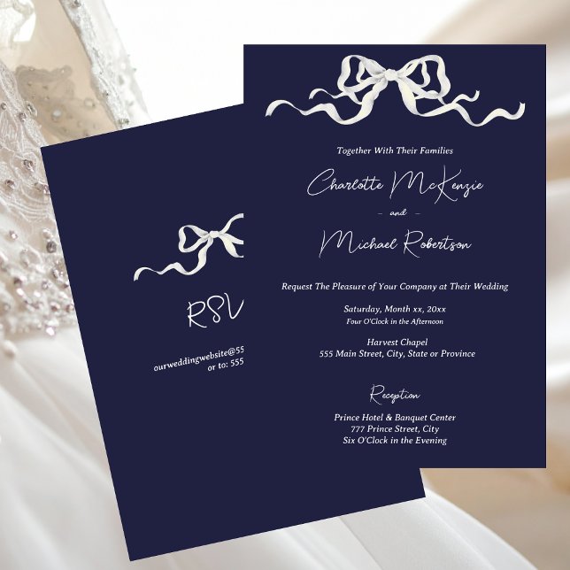 Convites Elegant Romantic Navy Ribbon Wedding (Elegant Romantic Navy Ribbon & Bow Wedding)