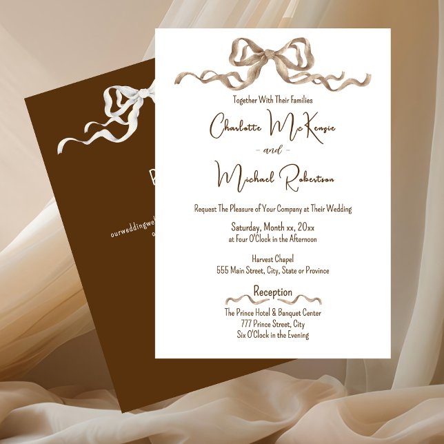 Convites Elegant Romantic Ribbon Wedding (Elegant Warm Brown with Bows Wedding Invitation)