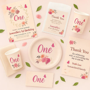 Convites Elegant Rosa Beije Floral Aquarela 1º Aniversário