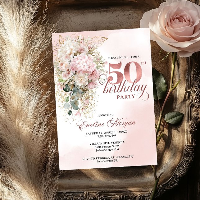 Convites Elegant Rose Gold Blush Floral 50th Birthday Party (Elegant Rose Gold Blush Floral 50th Birthday Party Invitation

)