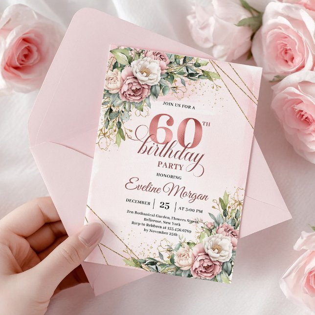Convites Elegant Rose Gold Boho Floral 60th Birthday Invitw (Elegant Rose Gold Boho Floral 60th Birthday Invitation)