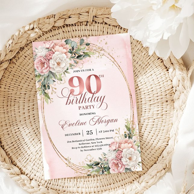 Convites Elegant Rose Gold Eucalyptus 90th Birthday Invite (Elegant Rose Gold Eucalyptus 90th Birthday Invitation)