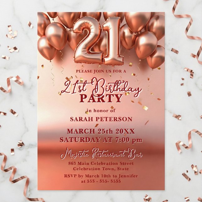 Convites Elegant Rose Gold Faux Foil Balloons 21st Birthday (Criador carregado)